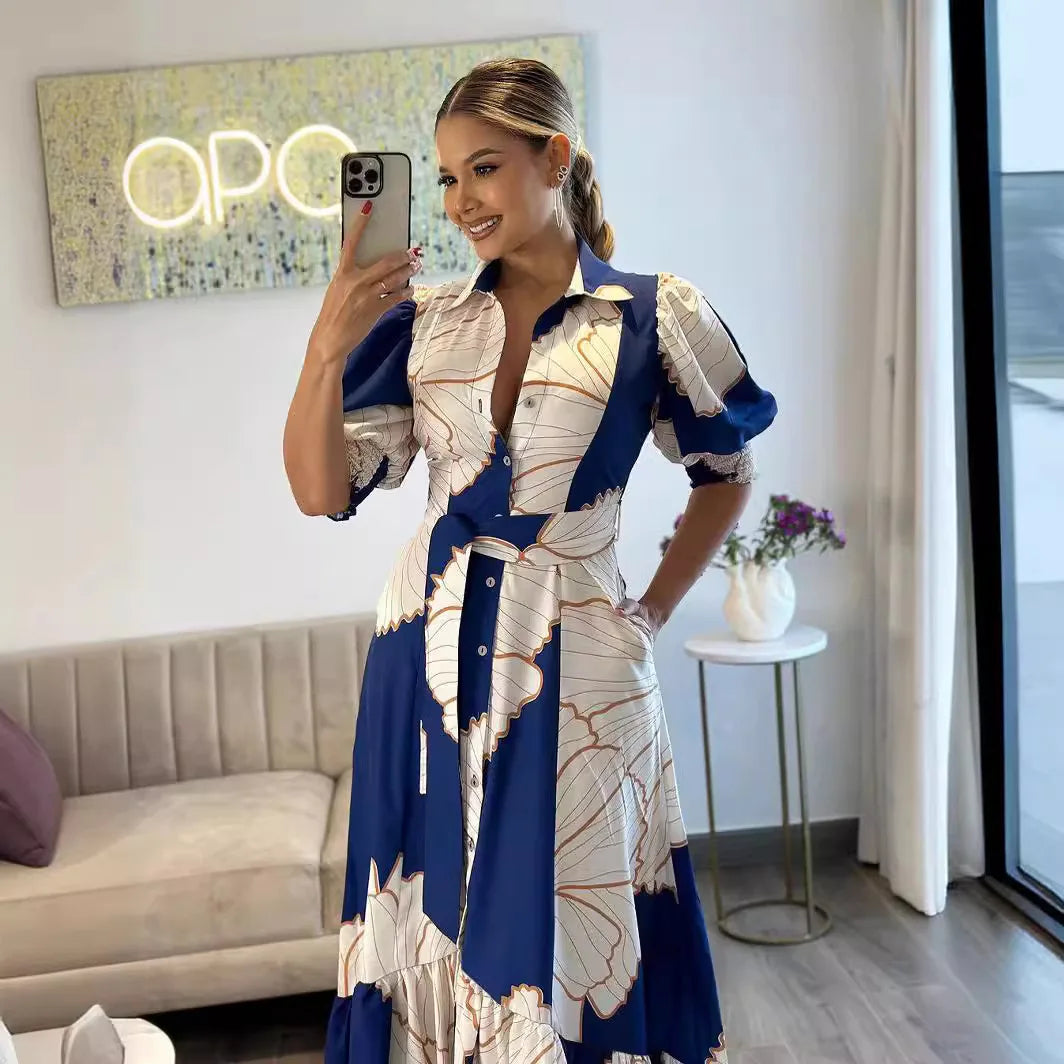 Long Print Elegant Office A Line Half Sleeves High Waist Maxi Dress