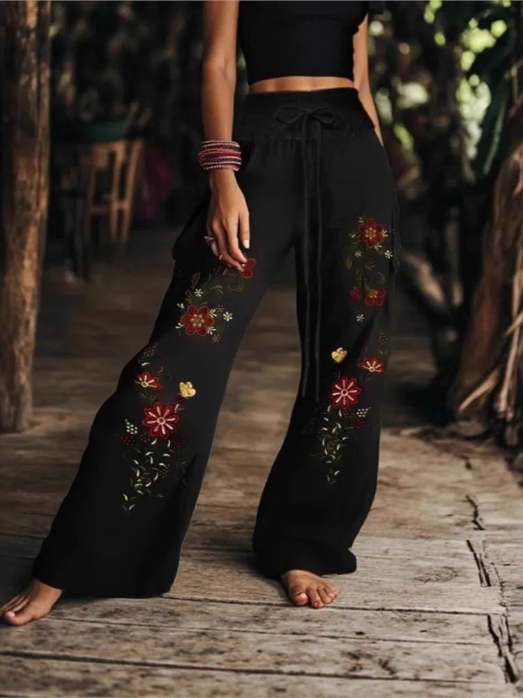 Boho High Waist Lace-Up Wide Leg Pants