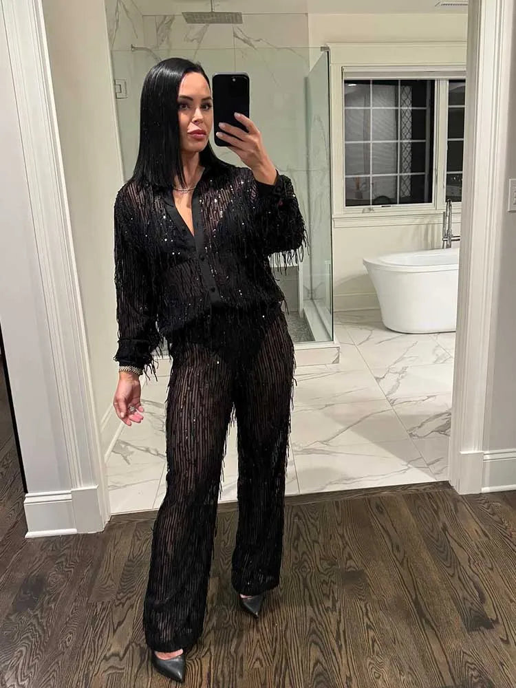 Long Sleeve Tassel Sequins Top and Long Trouser Nightclub Wear Two Piece See Through Outfits