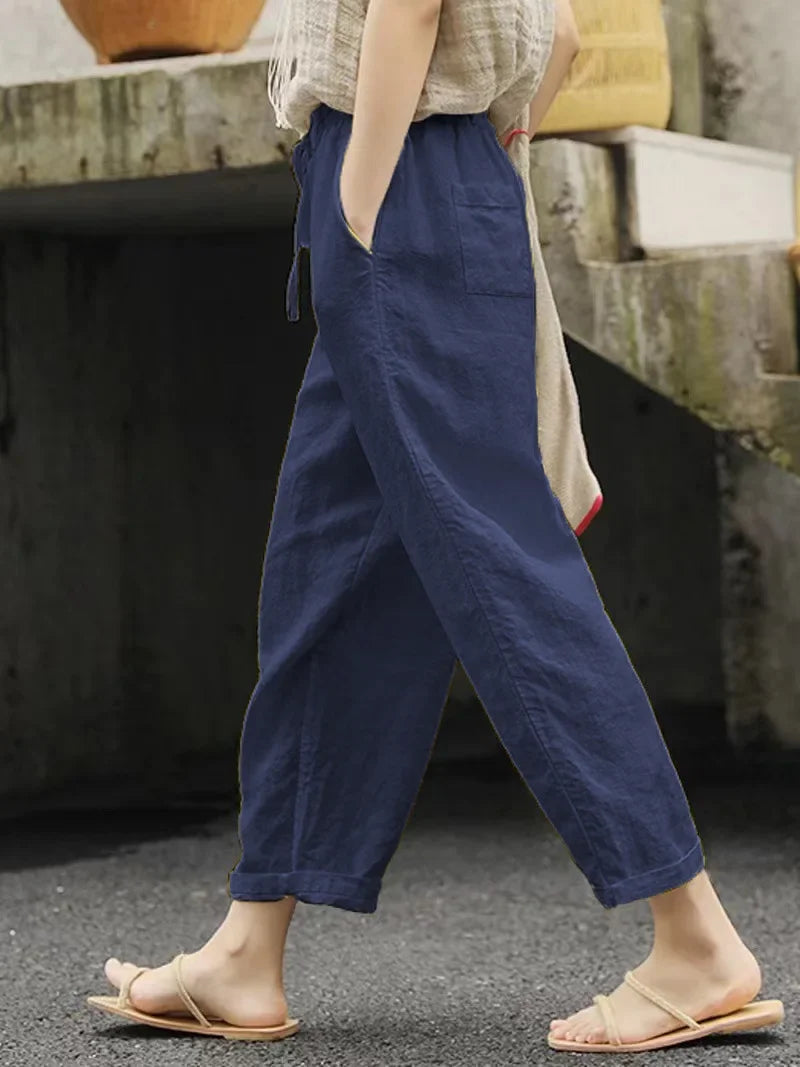 2026 Cotton Linen Loose Casual Solid Simple Drawstring Pockets Straight Leg Pants
