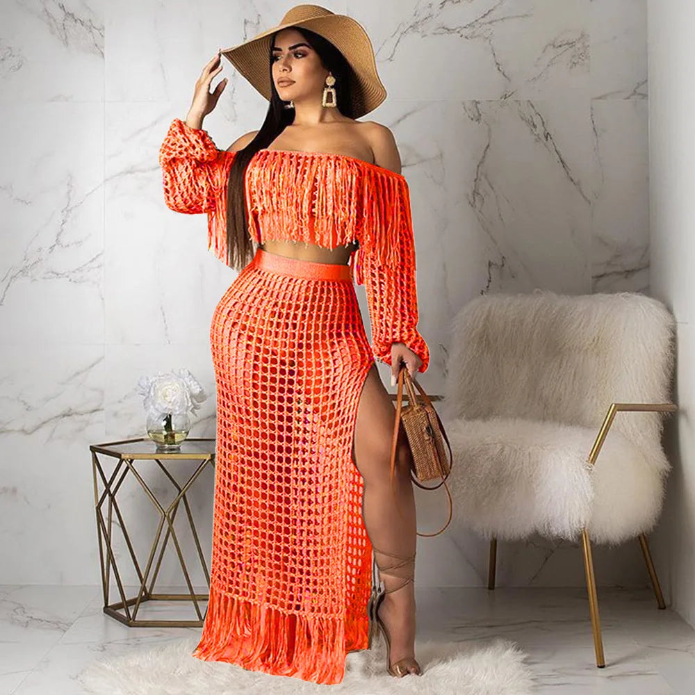 Beach Long Skirts Suit Off Shoulder Tassels Sexy Hollow Out Ensemble 2 Piece Set