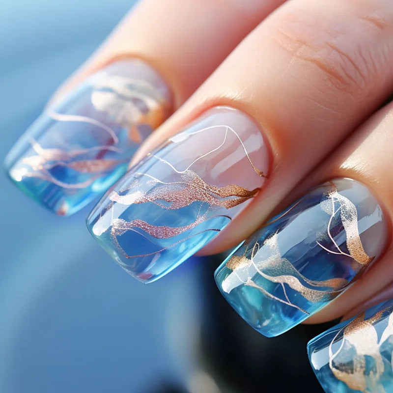 24Pcs Mid-length Square Press-On Nails with Golden Butterfly Design
