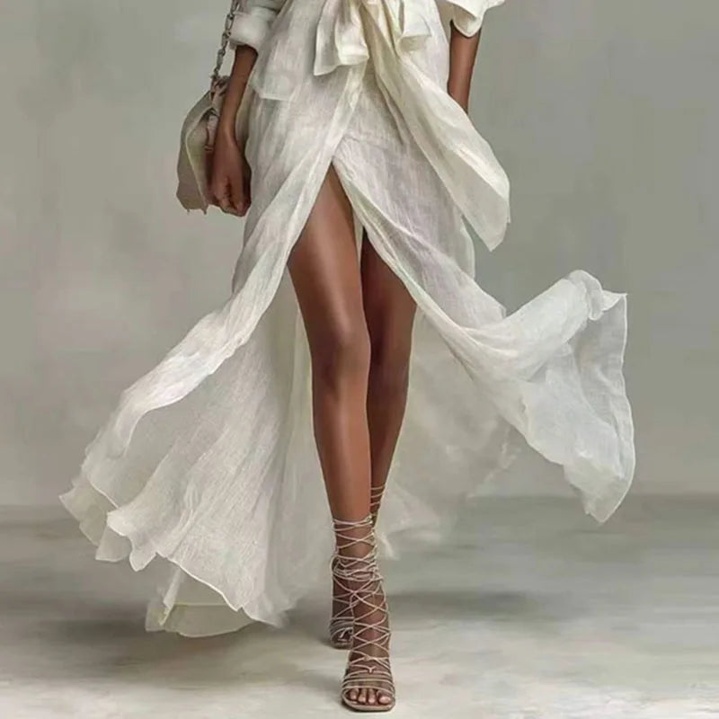 Boho White Linen Wrap Shirt Maxi Dress