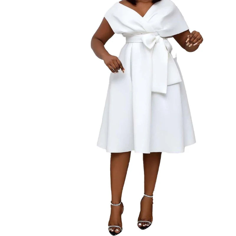Elegant Mid-Length A-Line Summer Dress – Slim Fit V-Neck with Lace-Up Bow