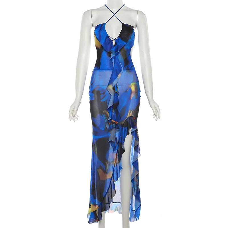 Sexy Halter Cut Out Ruffle Maxi Dress