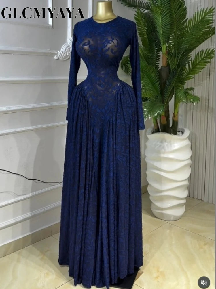 Lace Up O-neck Long Sleeve Big Swing A-line Maxi Dress