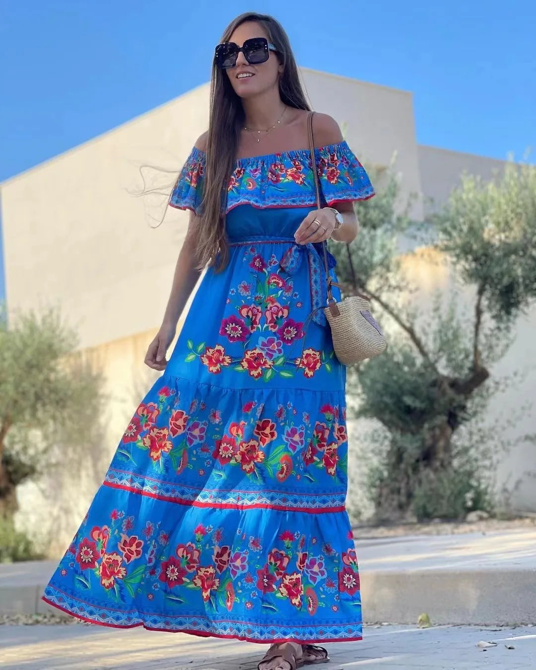 Spring Summer Red Floral One-Shoulder Lace-Up Maxi Dress