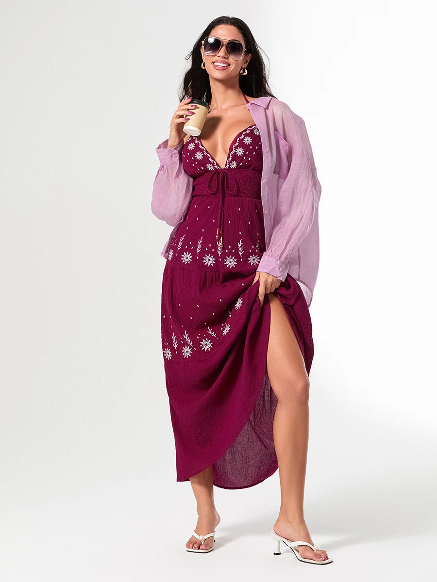 Summer Casual Flower Embroidery Tie-Up Halter Neck Sleeveless Dress