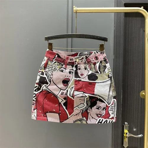 Cute Cartoon Pattern High Waist Denim Skirt