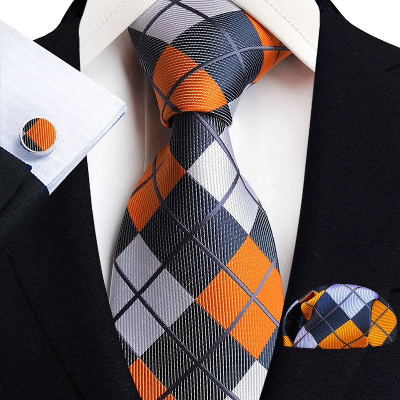 Orange Novelty Ties Plaid Flower Design Wedding Necktie Hanky Cufflinks