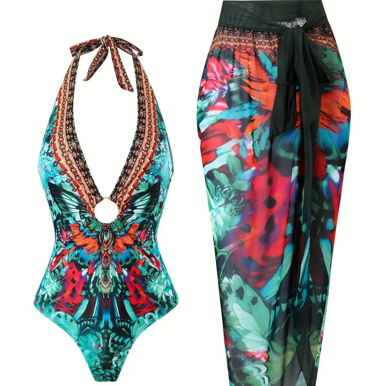 One-Shoulder Ruffled Print Floral Swimsuit Set Cover Up