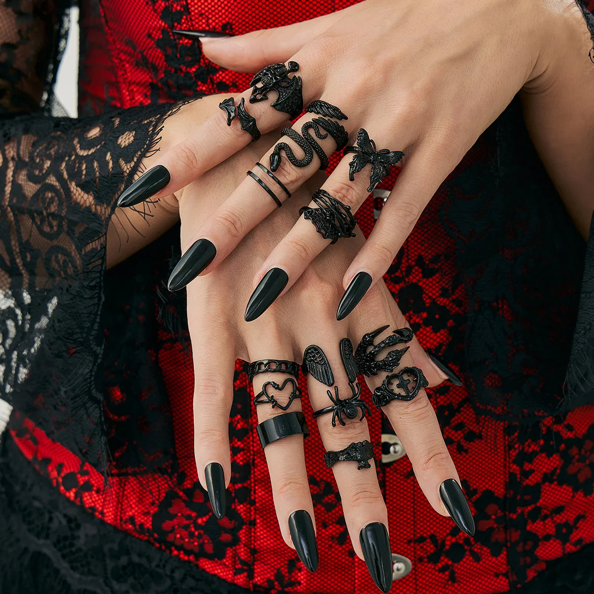 Gothic Punk Black Snake Buttefly Spider Bat Heart Rings Set