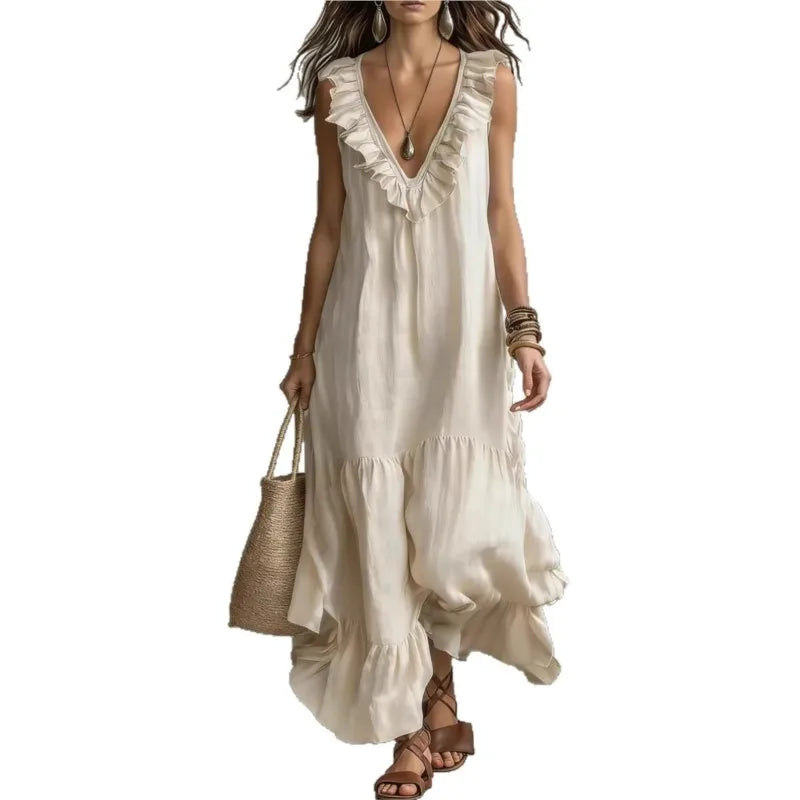 New Women's Casual Sleeveless V‑Neck Large Swing Dress