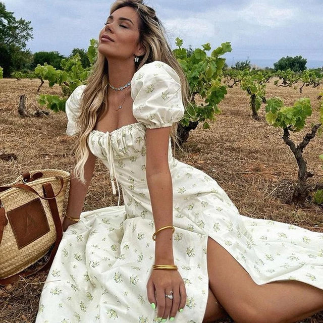 Off Shoulder Flower Print High Split Elegant Long Dresses