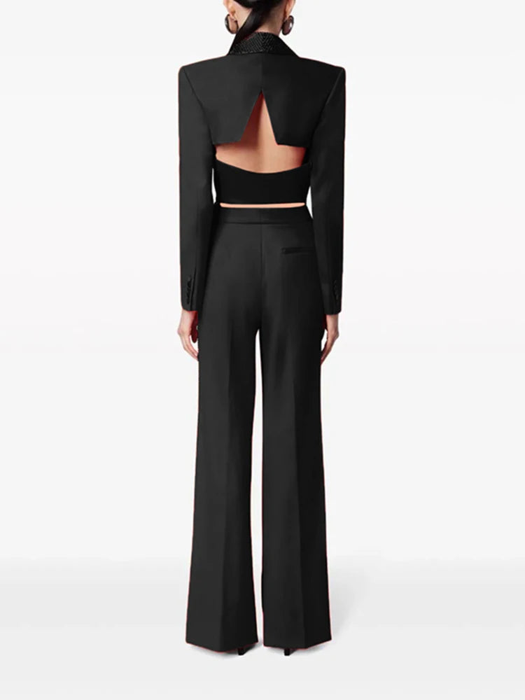 Lapel Long Sleeve Hollow Out Top High Waist Wide Leg Pant Casual Sets