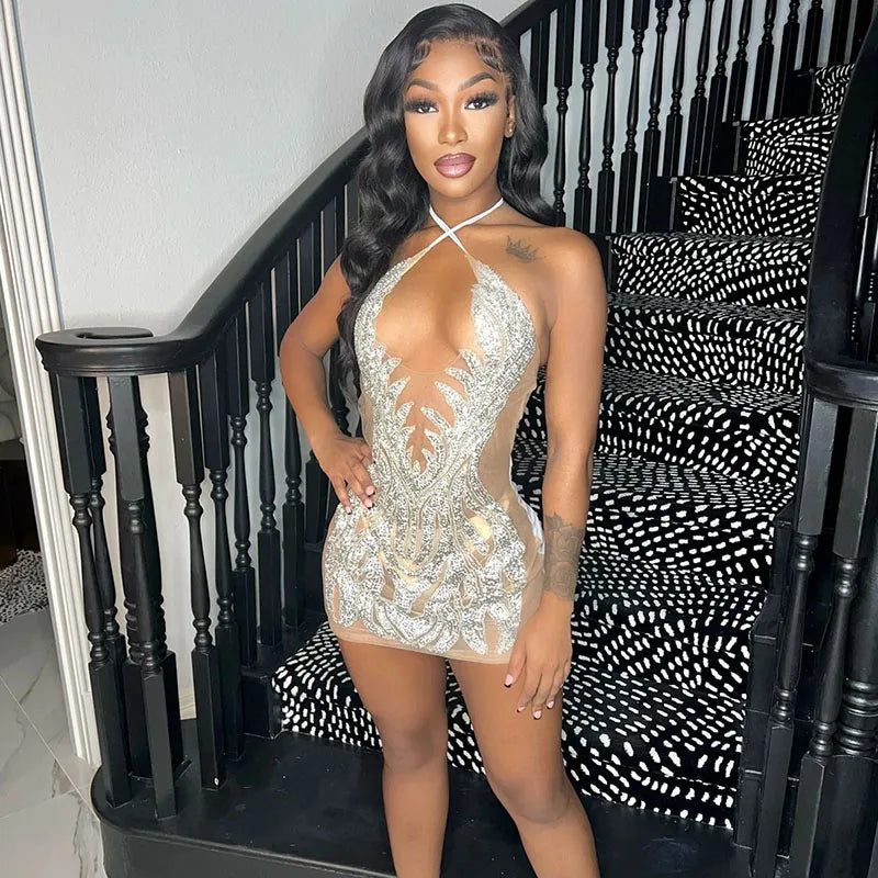 Mesh See Through Halter V-neck Backless Sexy Bodycon Mini Dress