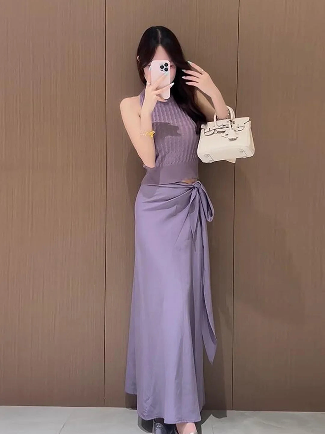 Fashionable Purple Sleeveless Knitted Vest Top with Belt High Waist Skirt Set