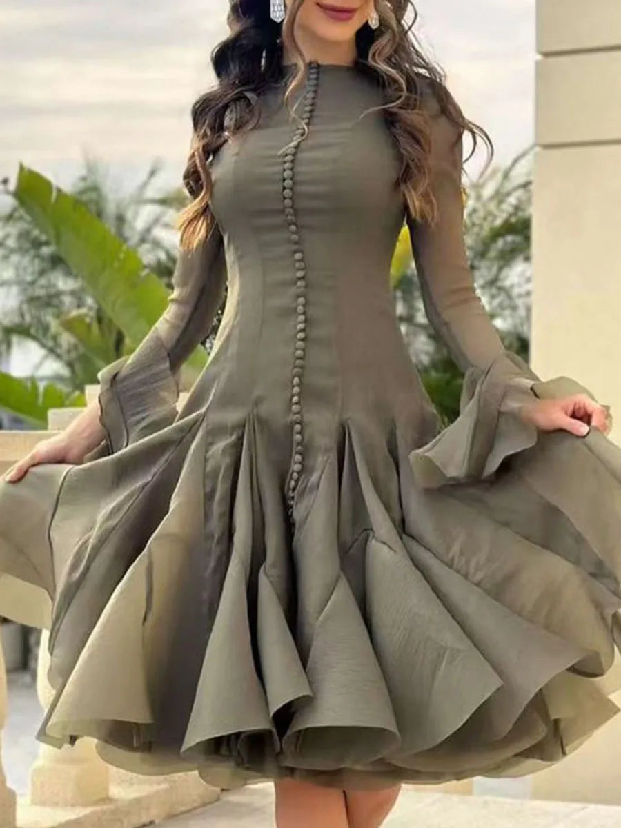 Irregular Pleated Patchwork Fashion Long Lantern Sleeve Waist Cinching Mini Dresses