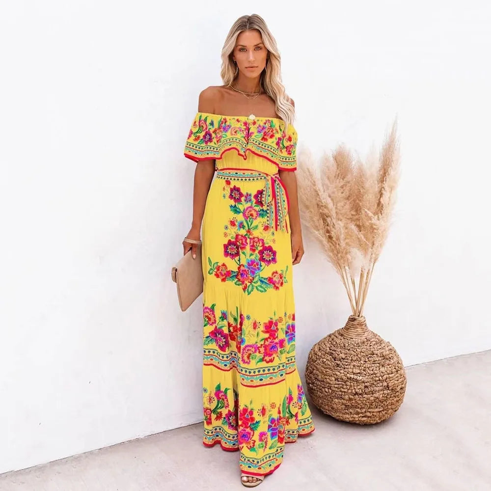 Spring Summer Red Floral One-Shoulder Lace-Up Maxi Dress