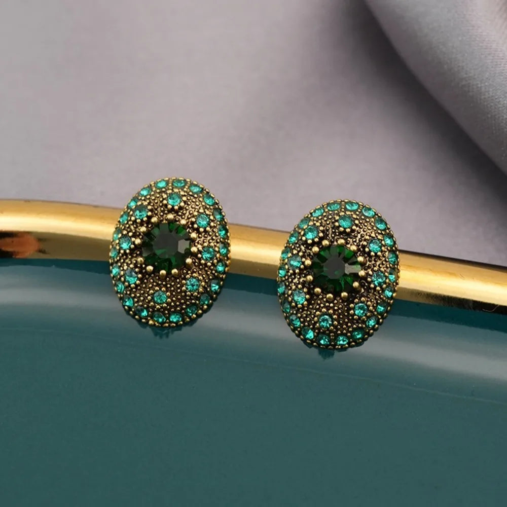 New Retro Romantic Green Oval Zircon Stud Earrings – Luxury Geometry Elegance