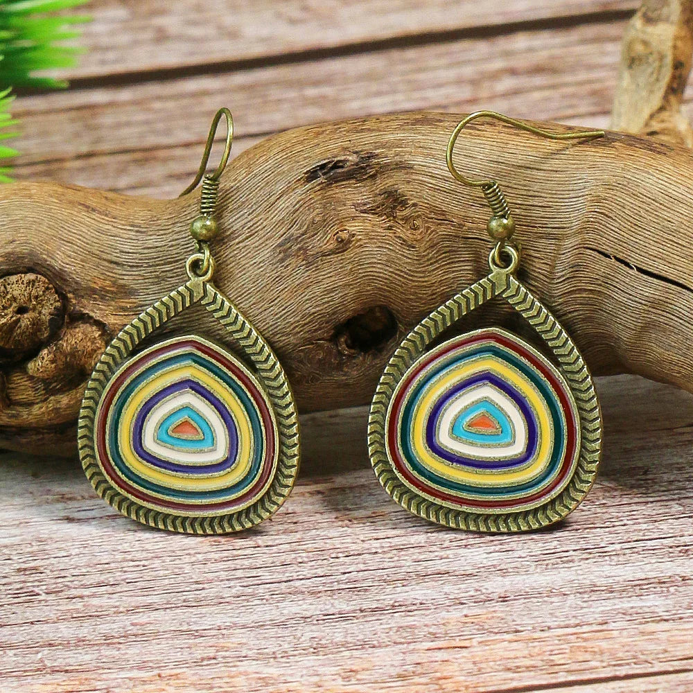 Bohemian Turquoise Vintage Geometric Drop Earrings – Alloy Oil Drop Round Stone Design