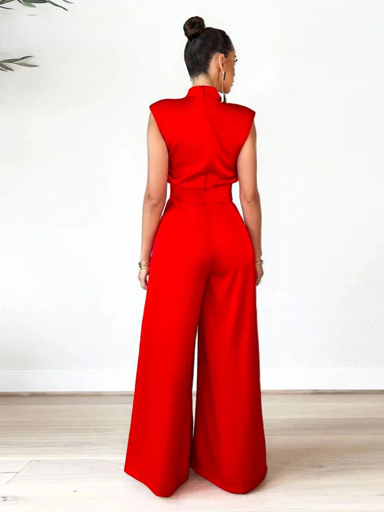 Spring Summer New Elegant Wide Leg Pants Bodysuit High Collar Sleeveless Jumpsuits