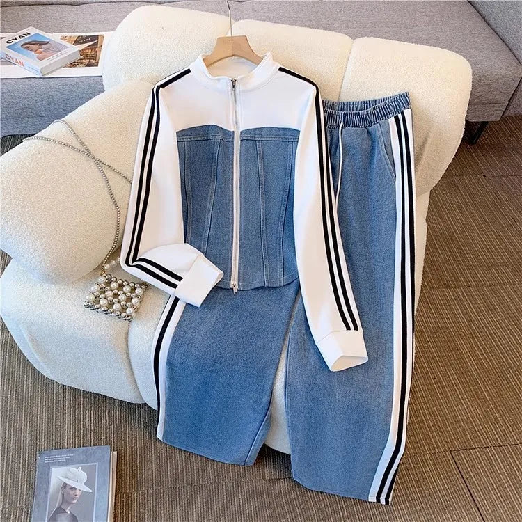 Pant Set Women Two Piece Denim Splice Zipper Matching Set
