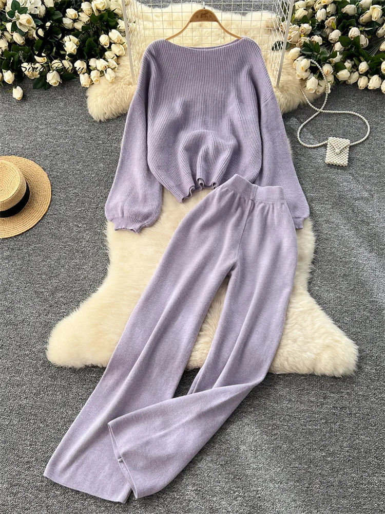 Loose Sweater Tops+High Waist Wide Legs Long Pants