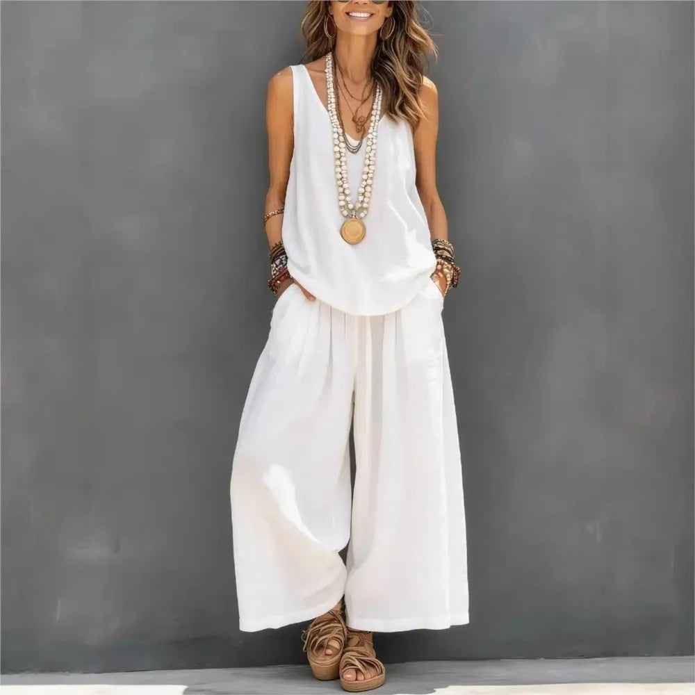 Casual Cotton Linen Vest Trousers 2-piece Summer New Fashion Loose Retro Simple Women's Vacation Wide-leg Trousers Set 2026