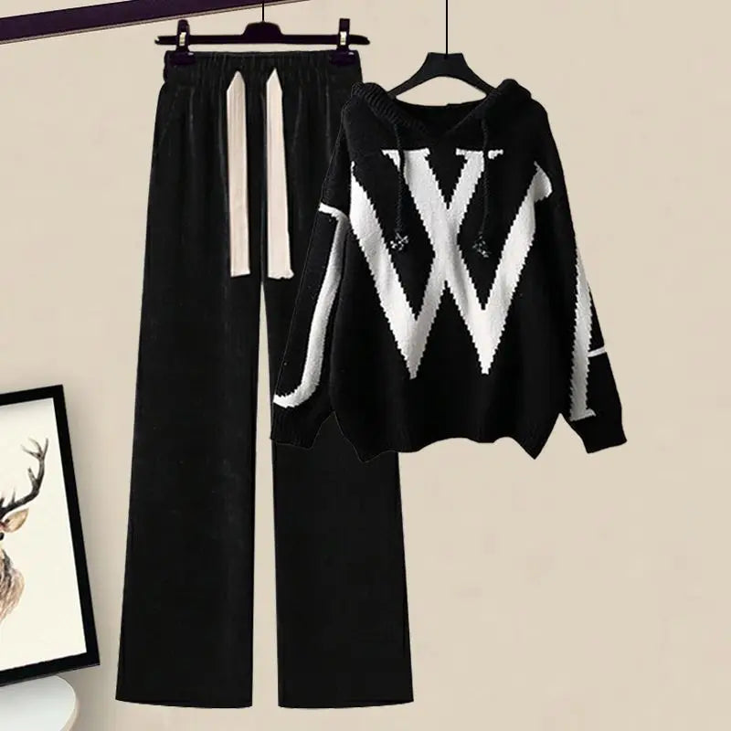 Autumn/Winter  Casual Sweater Waist Cinching and Slimming Wide Leg Pants Two-piece Set