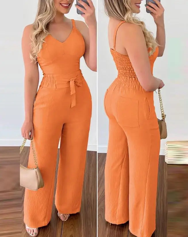 Casual Summer Two-Piece Solid Color V-Neck Elastic Vest Top and High Waisted Pocket Tied Wide Leg Commuting Pants Set