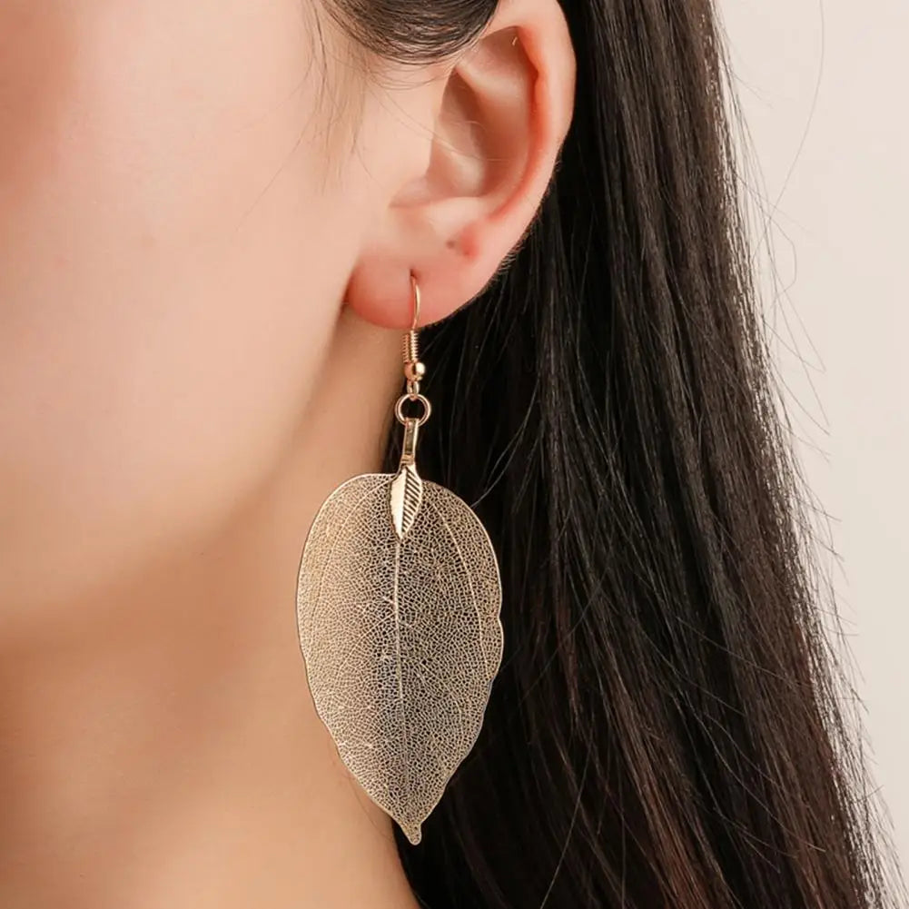 Stainless Tree Leaf Shape Hollow Out Elegant Dangle Earrings