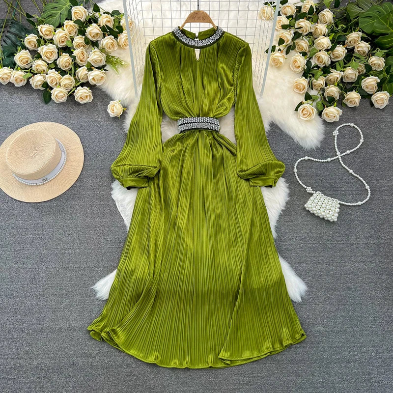 Diamond Pleated High Waist Stand Collar Long Sleeve A-line Dresses