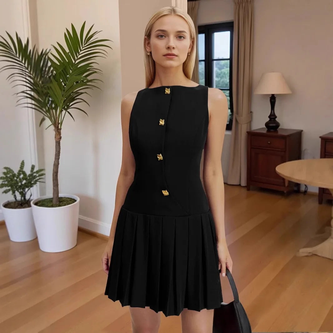 Summer Pleated Waist Sleeveless Mini Dress