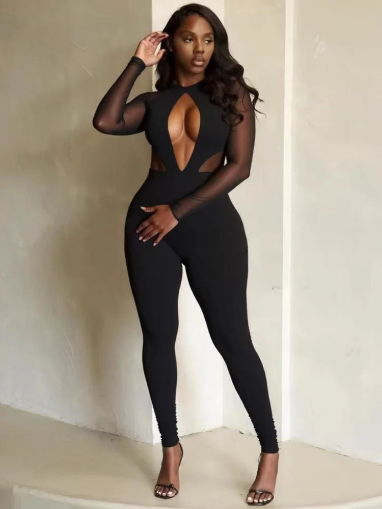 Sexy Backless Deep V Long Sleeve Solid Color Tight One Piece Outfits