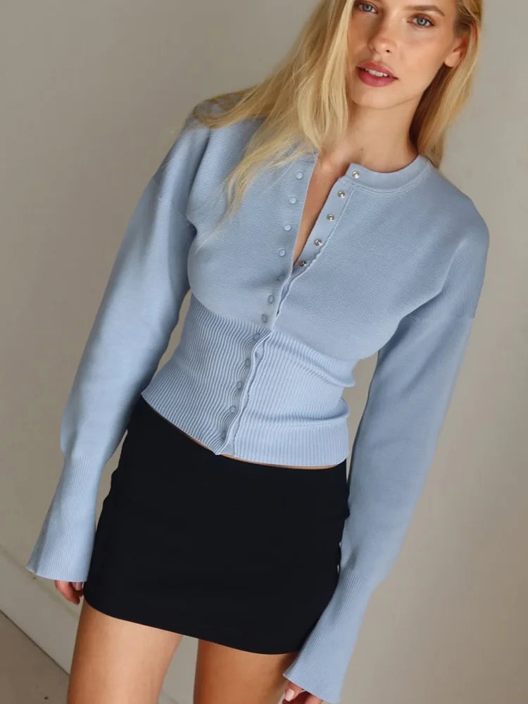 Autumn Fashion Ribbed Patchwork Slim Casual Cropped Knit Cardigan