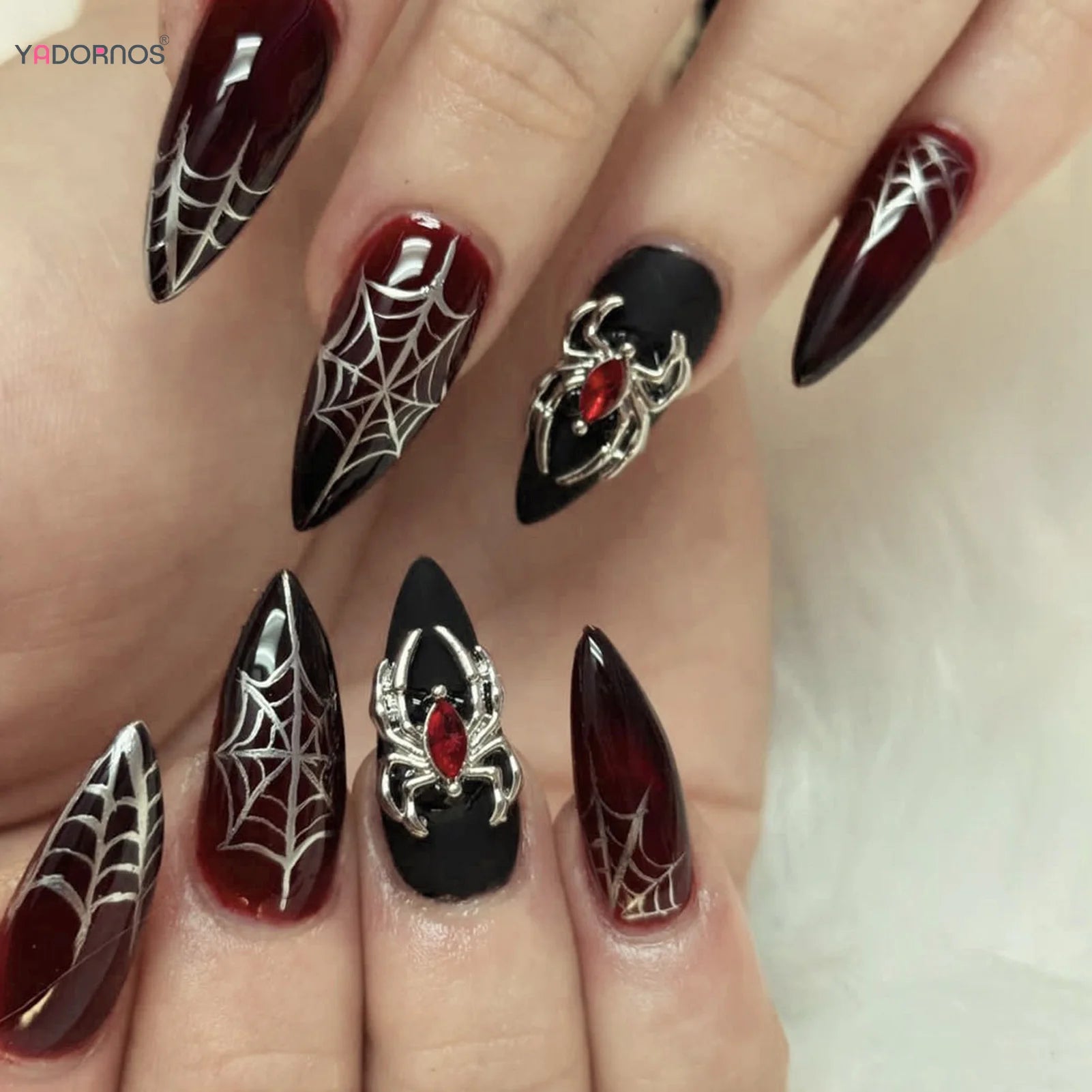 Halloween 3D Metal Spider Designs Almond Black Red Press on Nails