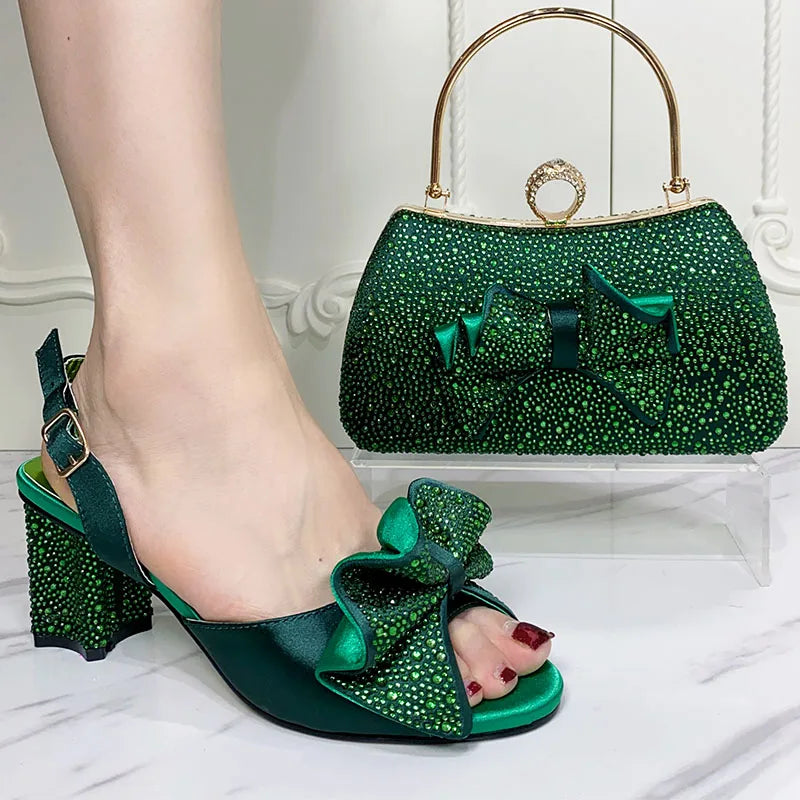 Fashionable Top Luxury Round Toe Bowtie Bright Diamond Summer Women's High Heels Shoes And Bags Set