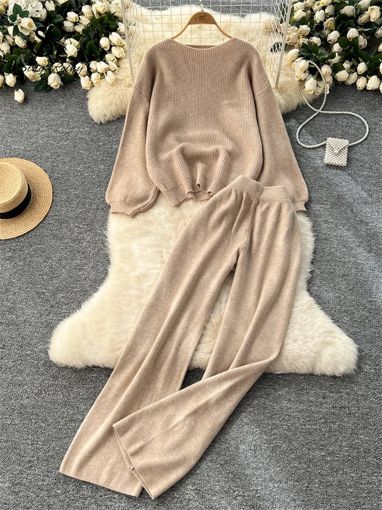 Loose Sweater Tops+High Waist Wide Legs Long Pants