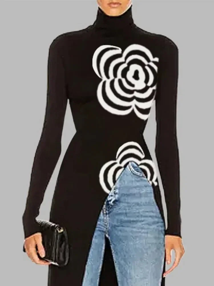 Winter Knitted  Black Flower Design Slim Fit Asymmetric High Neck Long Sweaters
