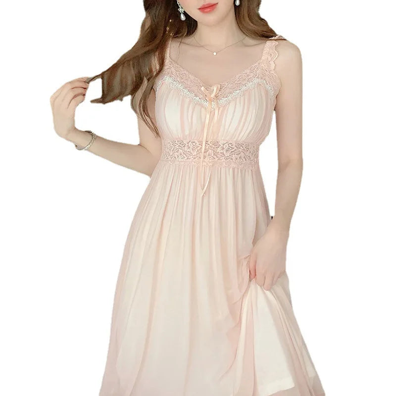 Women Long Suspender Nightgown French Elegant Court Style Nightdress Sleepwear Sexy Lace Trim Nightwear Loose Home Dressing Gown