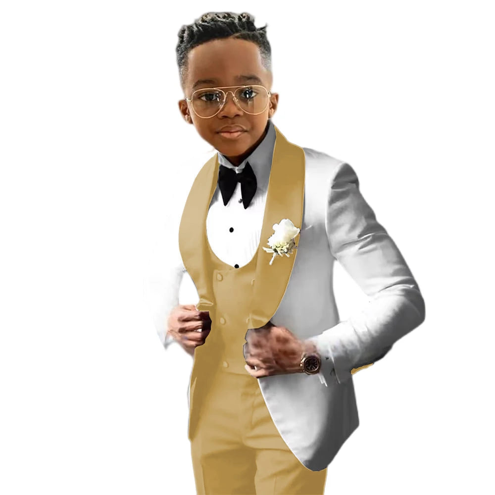 Suit for Boys Wedding Tuxedo – 3 Piece White Jacket, Royal Blue Pants &amp; Vest | Slim Fit Tailored Kids Blazer Set
