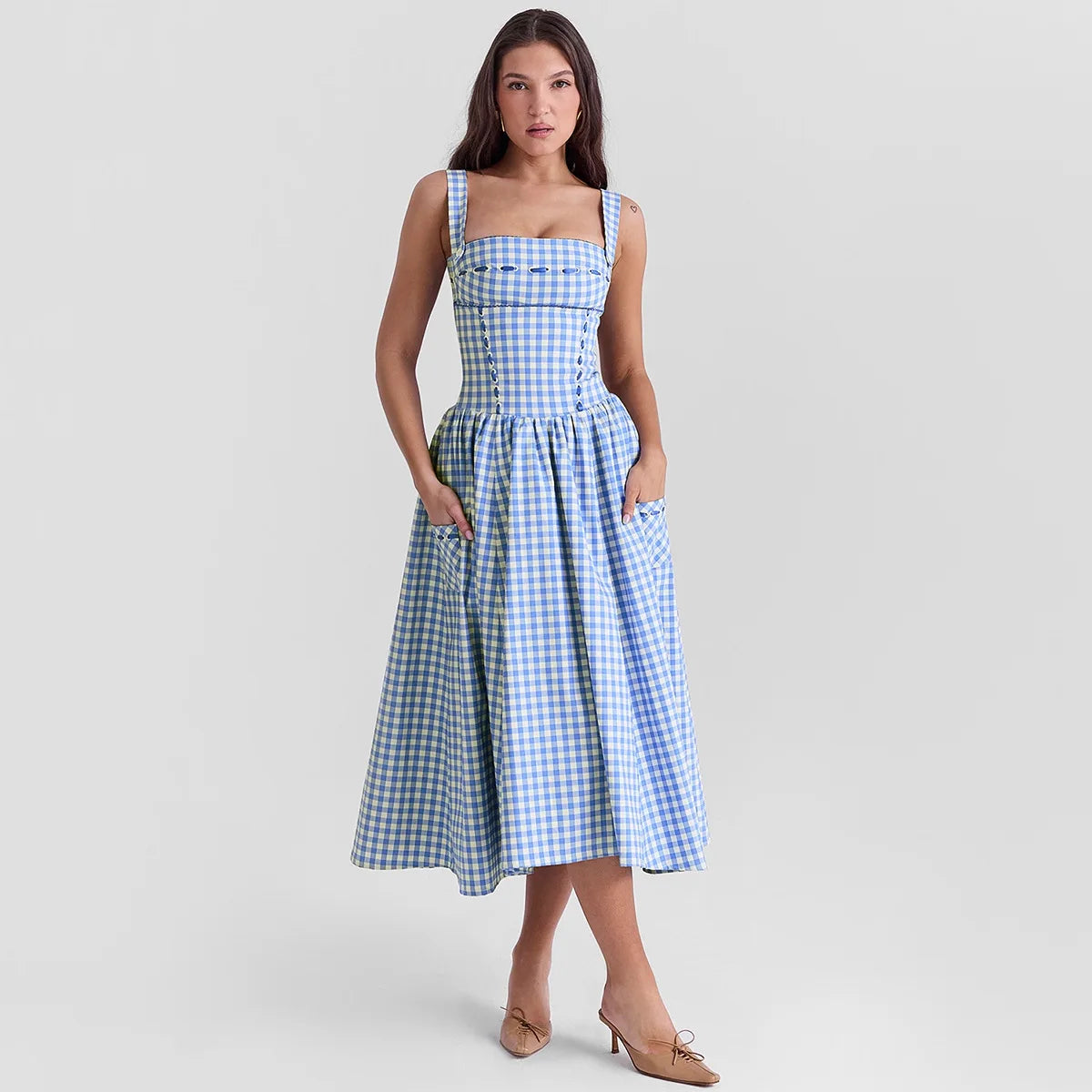 Midi Blue and White Plaid Dress with Pocket