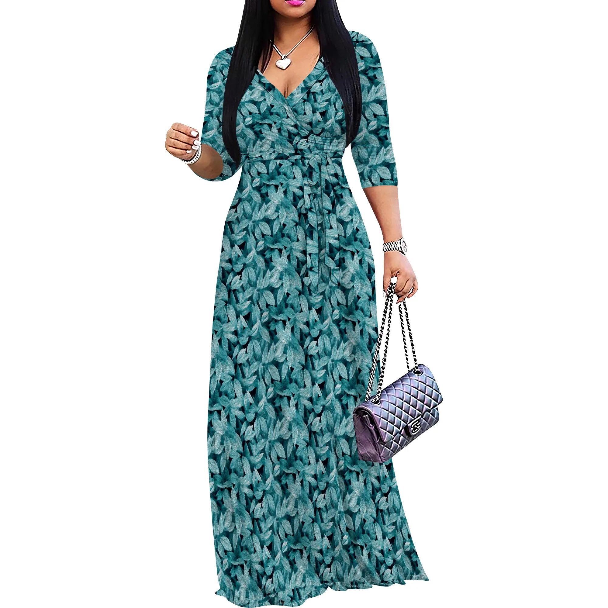 Tropical Leaf Print V-Neck Maxi Dress