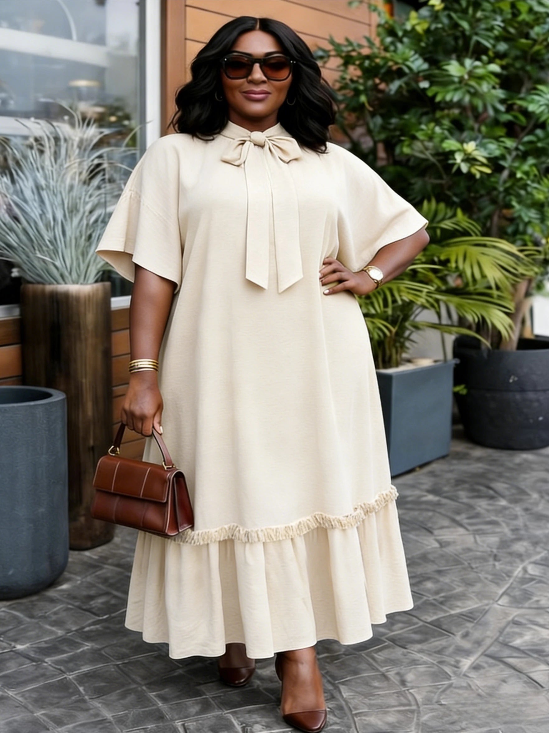 Elegant Straight Bow Collar Short Sleeves Loose Long Ruffles Hem Dress