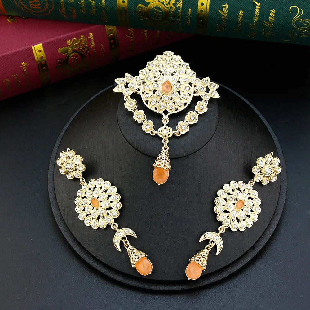 Gold Color Caftan Waist Chain Belt Orange Bead Choker Necklace Drop Earring Brooch