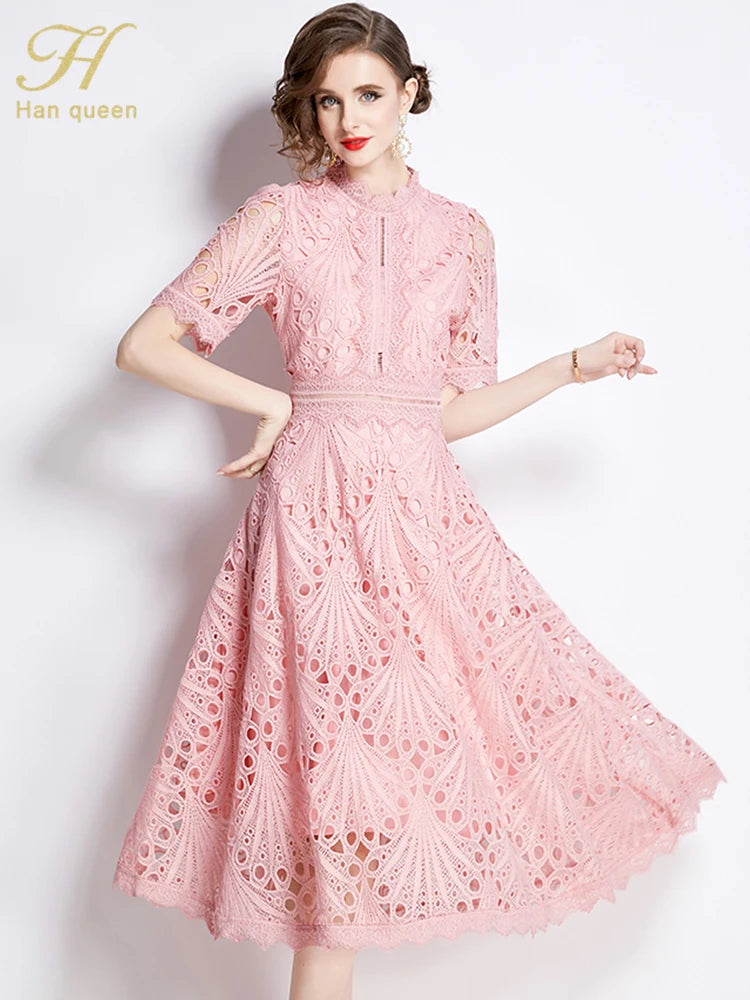 Spring New Elegant Floral Crochet Hollow Out Lace Patchwork Casual Office Midi Dress