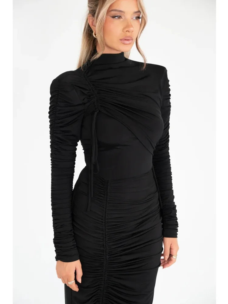 Elegant Long Sleeve Pleated Maxi Dress