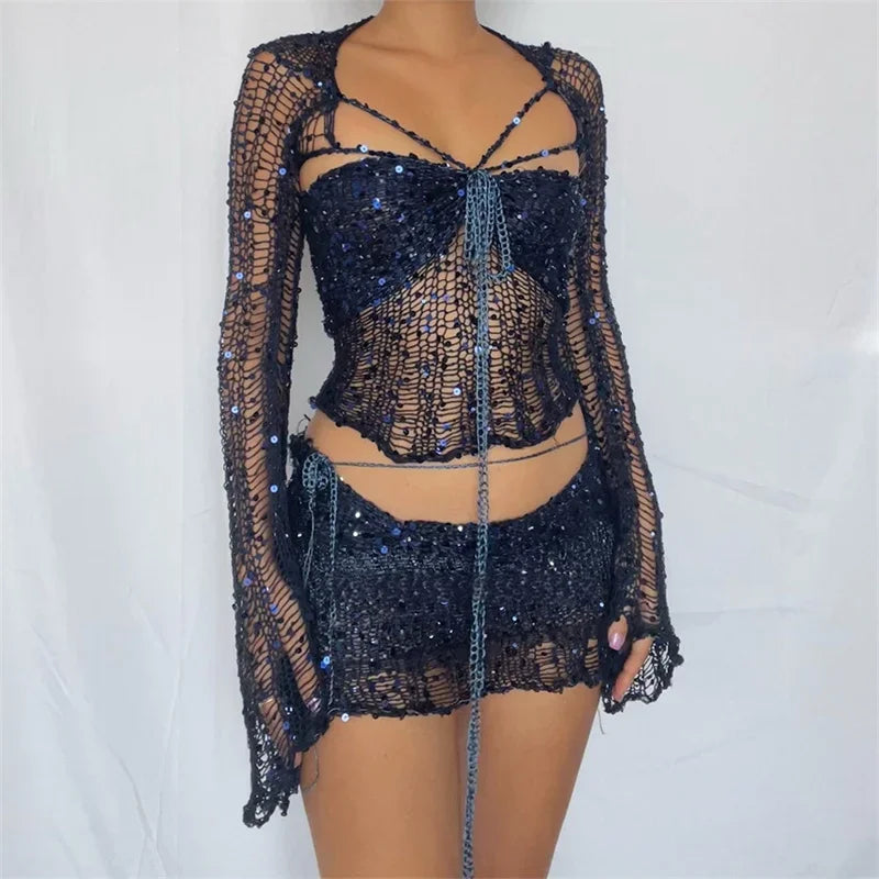Glitter Sequins Knitted Skirt Sets Women 3 Piece Outfit