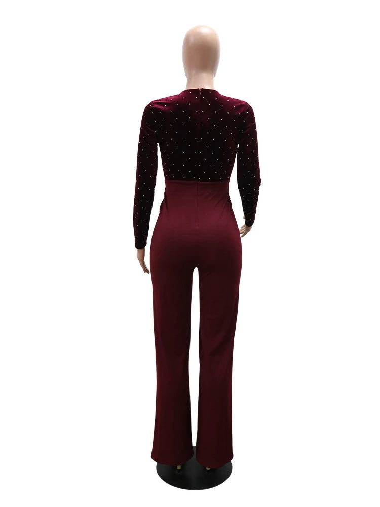 Sexy Velvet Patchwork Deep V Neck Flare Jumpsuits